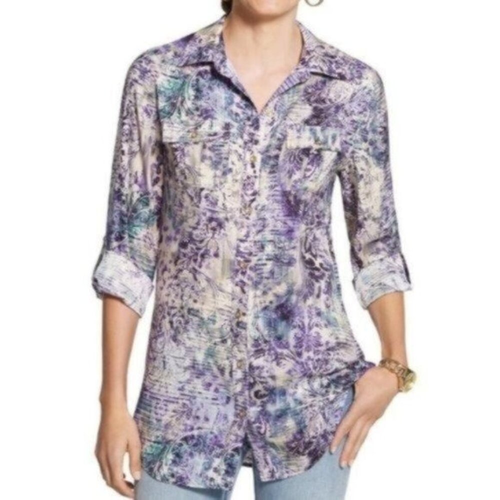Chico's Divine Damask Athens Shirt 2 L Large Floral Long Sleeve Purple